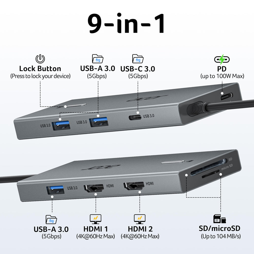 Acer dock angled left highlighting HDMI and USB ports to connect dual monitors