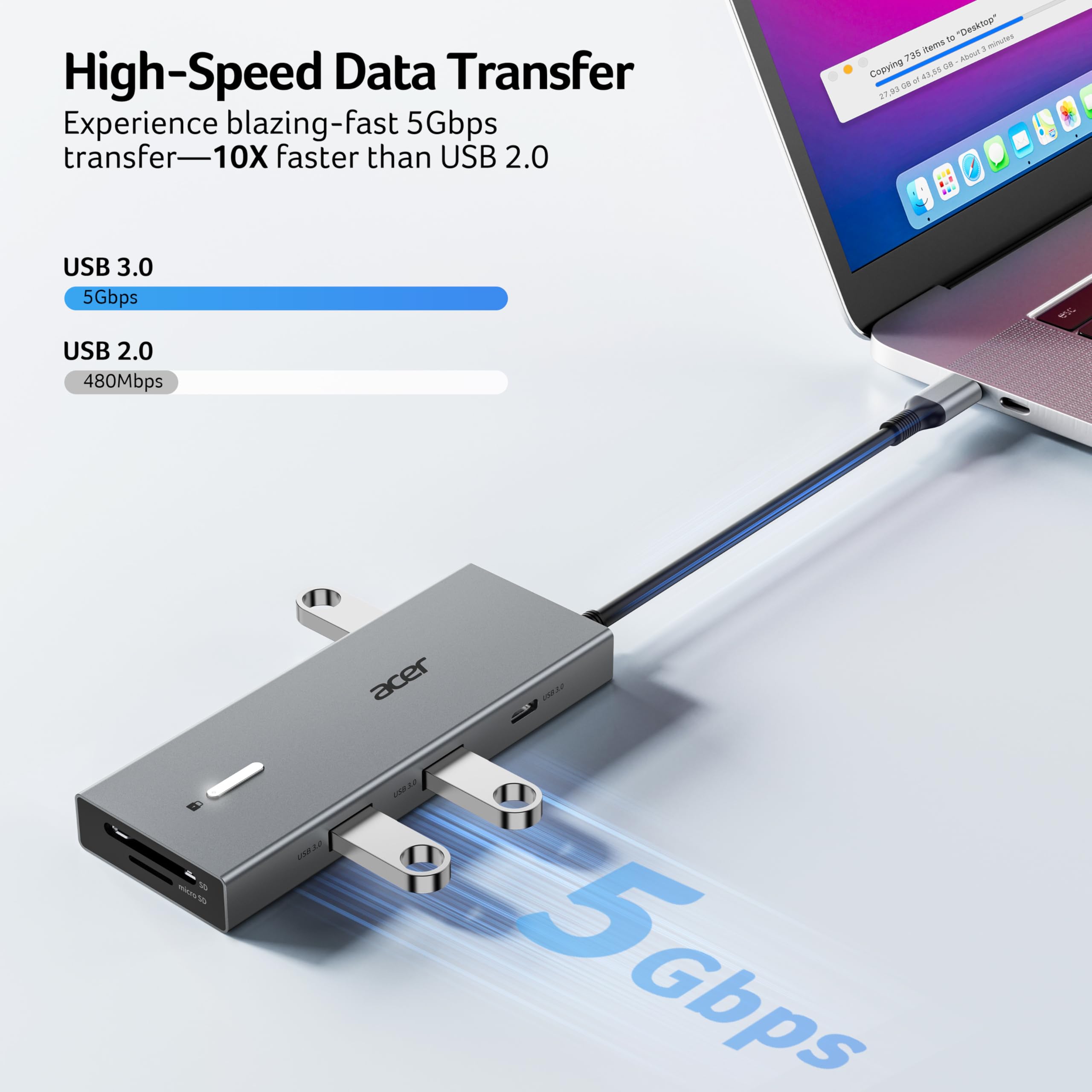 Acer dock beside laptop showing compact scale and space-saving design