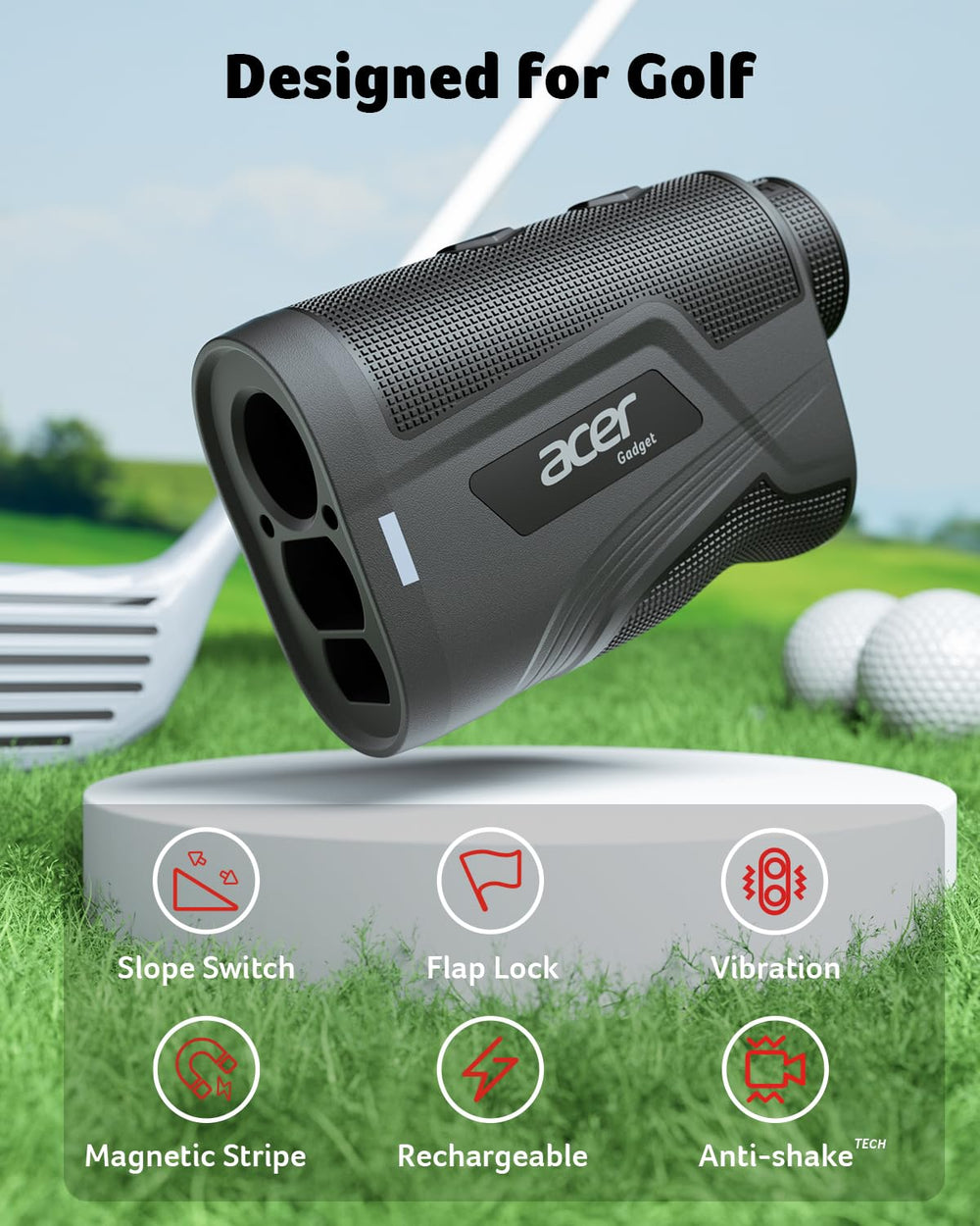 Acer rangefinder on grass in use showing precise yardage for golfers