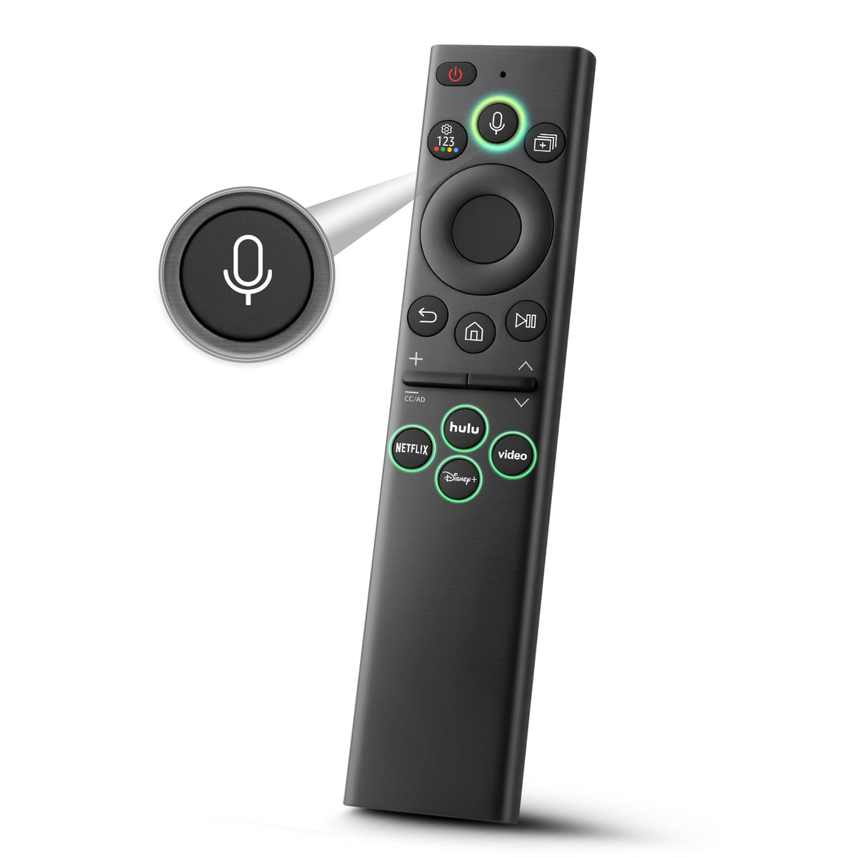 Acoyer remote front view showing buttons and quick access benefits