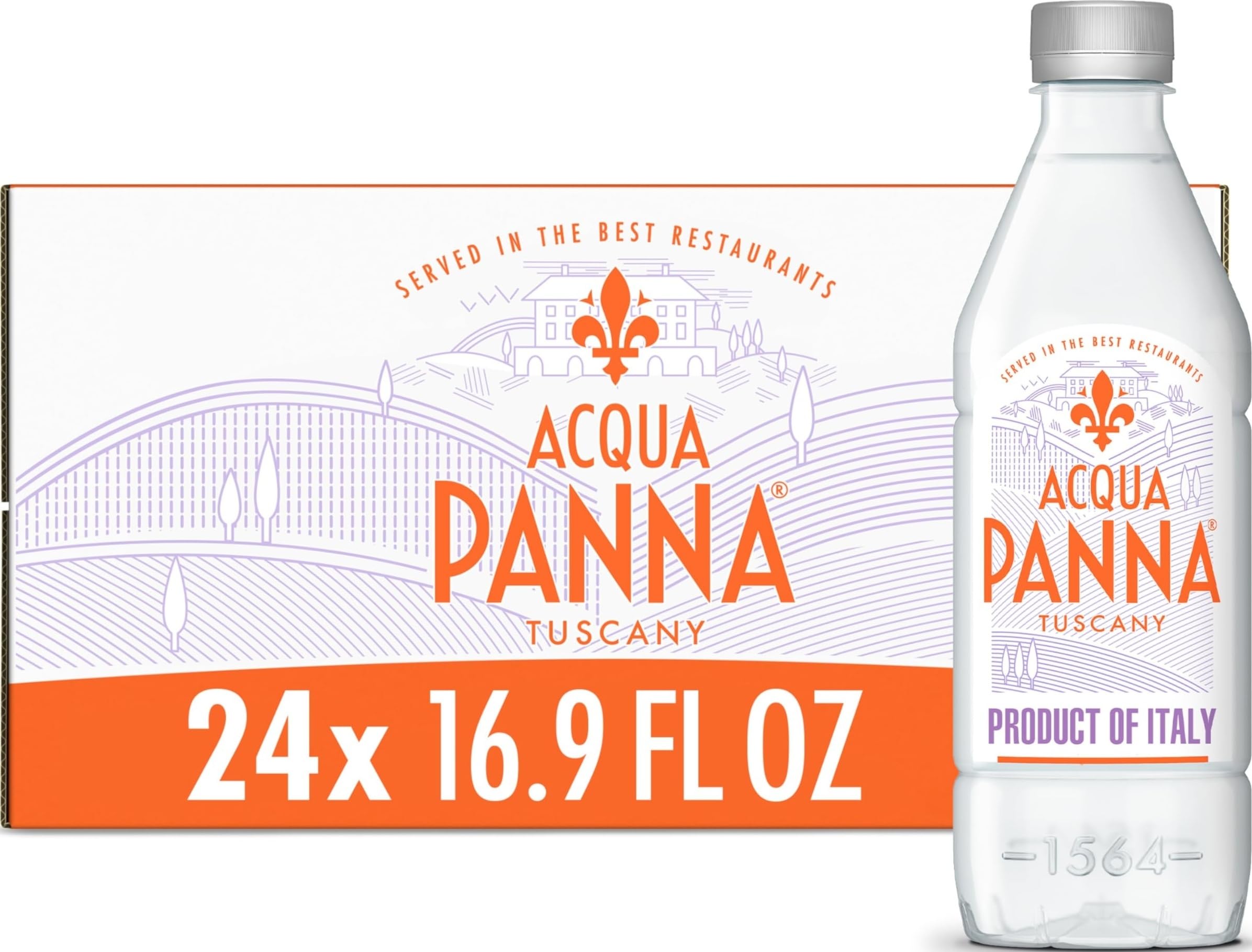 Acqua Panna front packaging showing 24 bottles and brand clarity