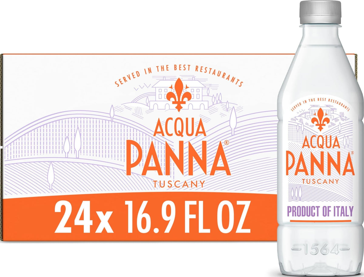 Acqua Panna front packaging showing 24 bottles and brand clarity
