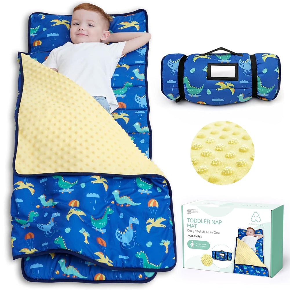 ACRABROS front view of dinosaur nap mat showing full size and cozy finish