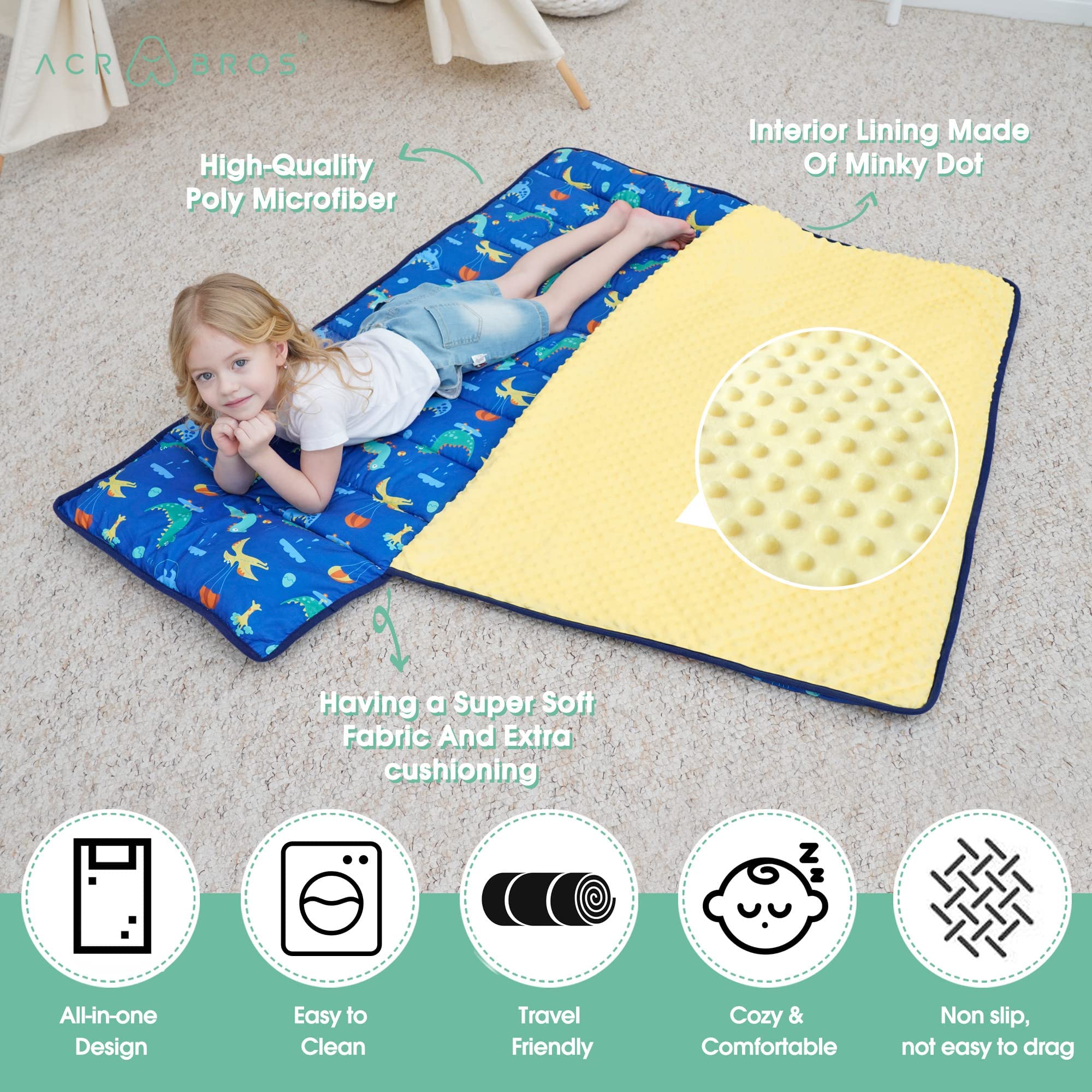 ACRABROS mat next to a toy showing scale and extra-large sleeping surface