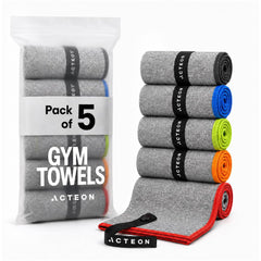 Acteon front packaging of 5-pack microfiber gym towels showing compact bundle and benefits