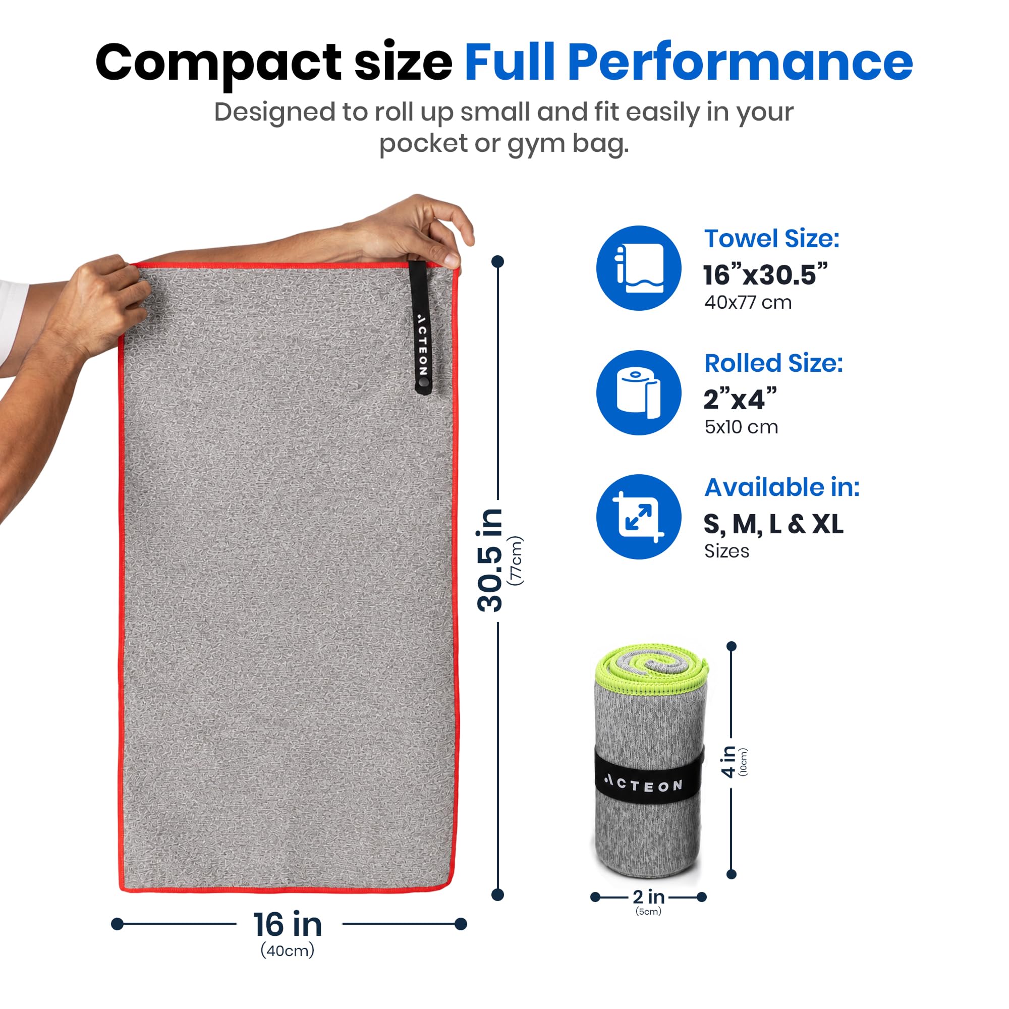 Acteon towel snapped and hanging on backpack strap for hands-free drying and access