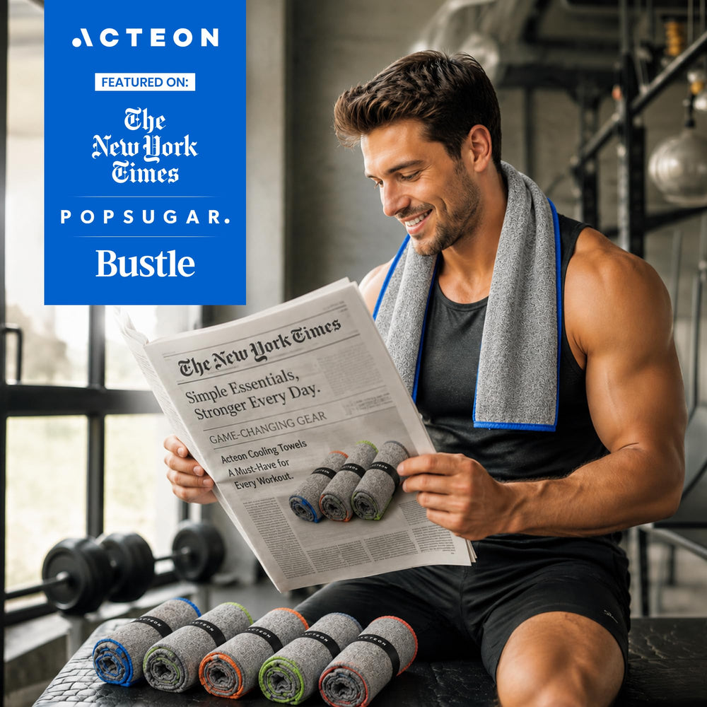 Acteon towel beside water bottle for scale showing 16 x 30.5 inch size and coverage