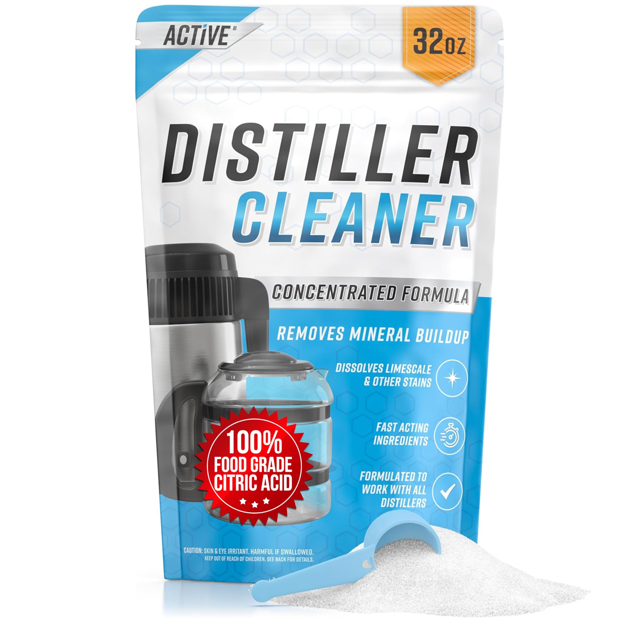 ACTIVE front packaging 2 lb descaler showing product and benefit of concentrated cleaning