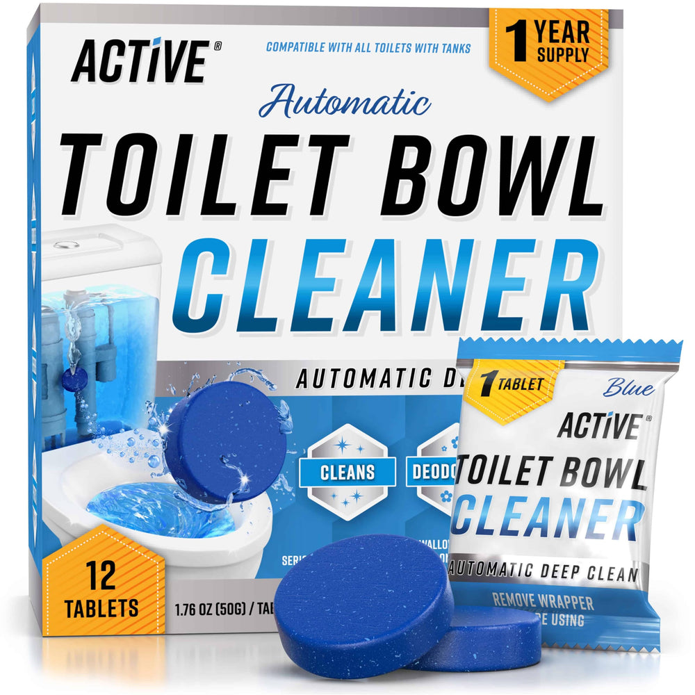 ACTIVE front packaging showing 12 blue gel toilet tablets and benefits
