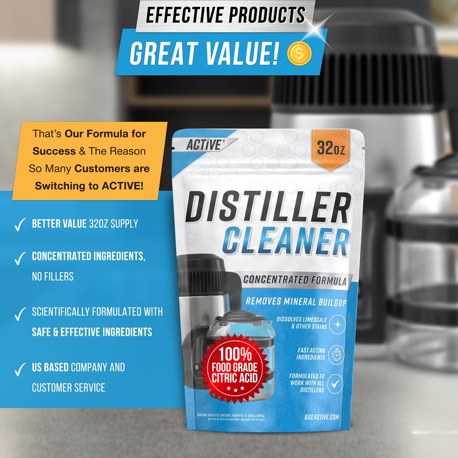 ACTIVE product label and compatibility list showing supported brands for correct appliance use