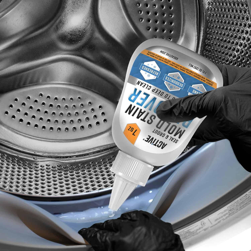 person using ACTIVE gel in a bathroom setting highlighting effortless removal of mildew and grime