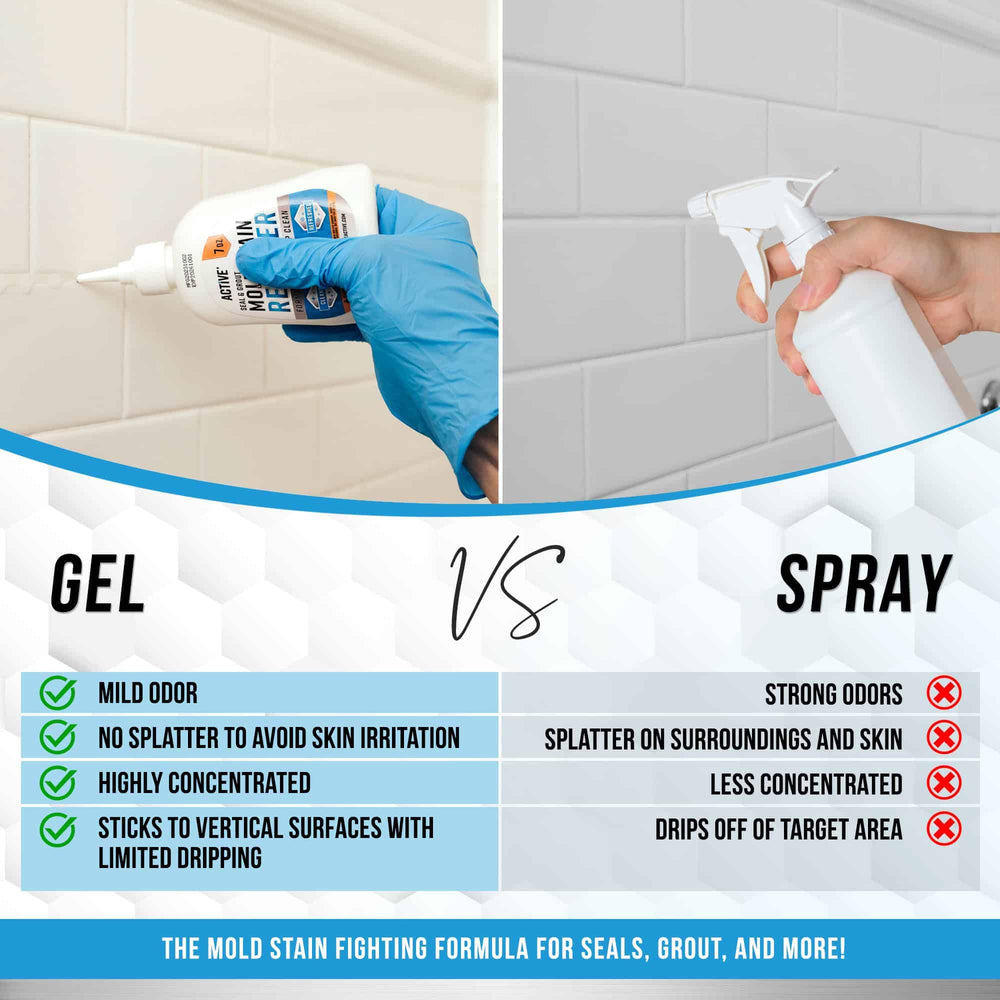 ACTIVE gel applied to shower grout line demonstrating mold stain lifting and easy follow-up wipe