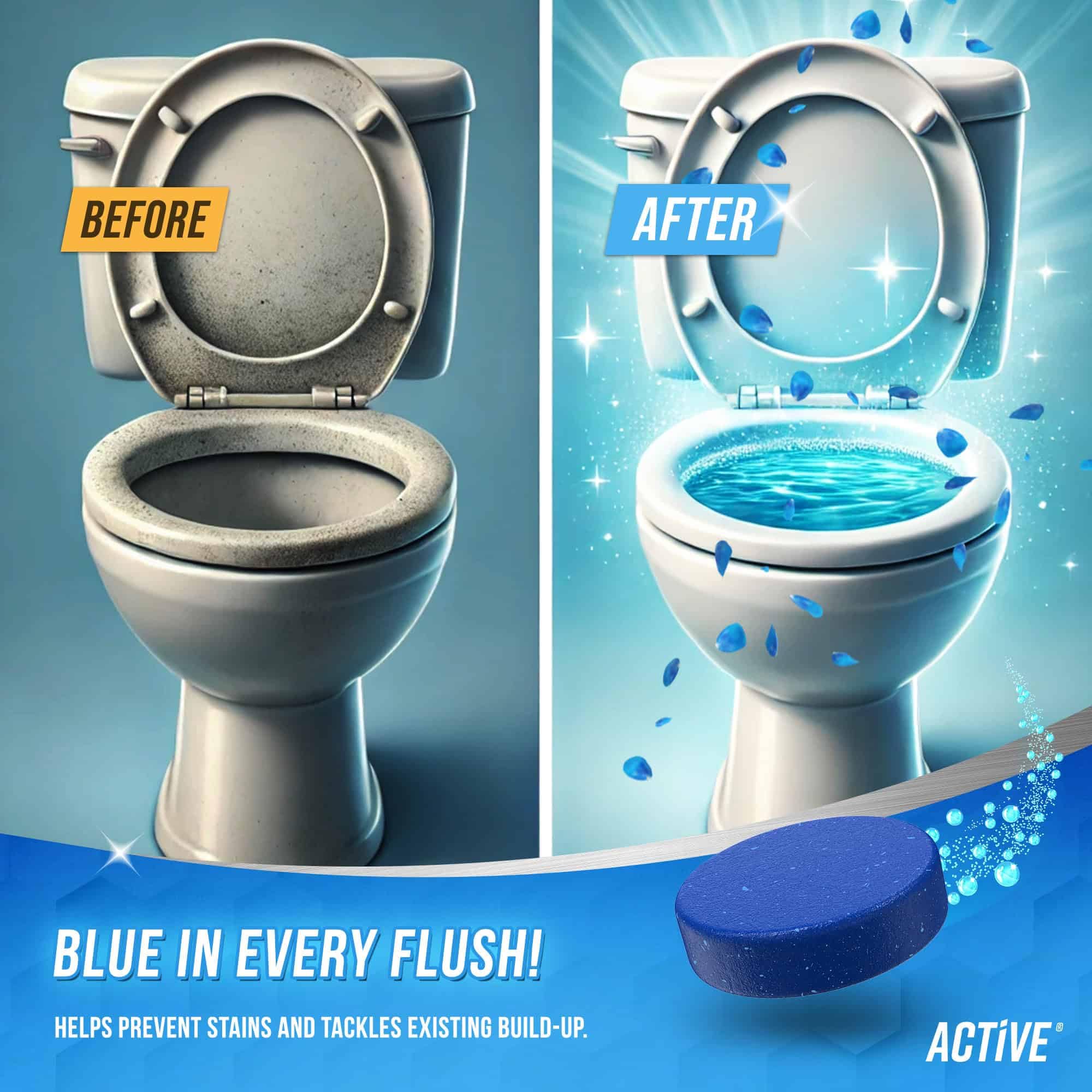 ACTIVE tablet placed in toilet tank demonstrating easy drop-in use