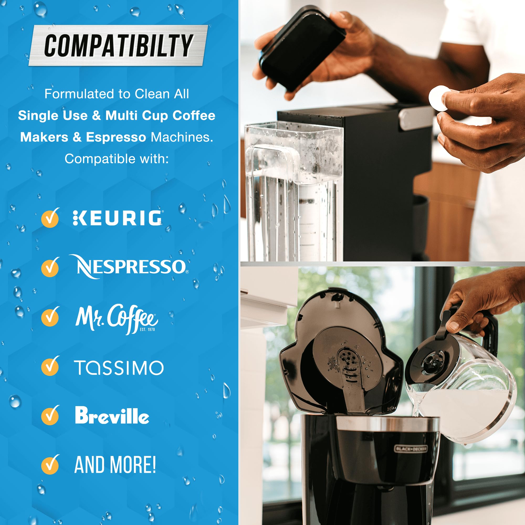ACTIVE tablets beside coffee machine showing scale removal effectiveness