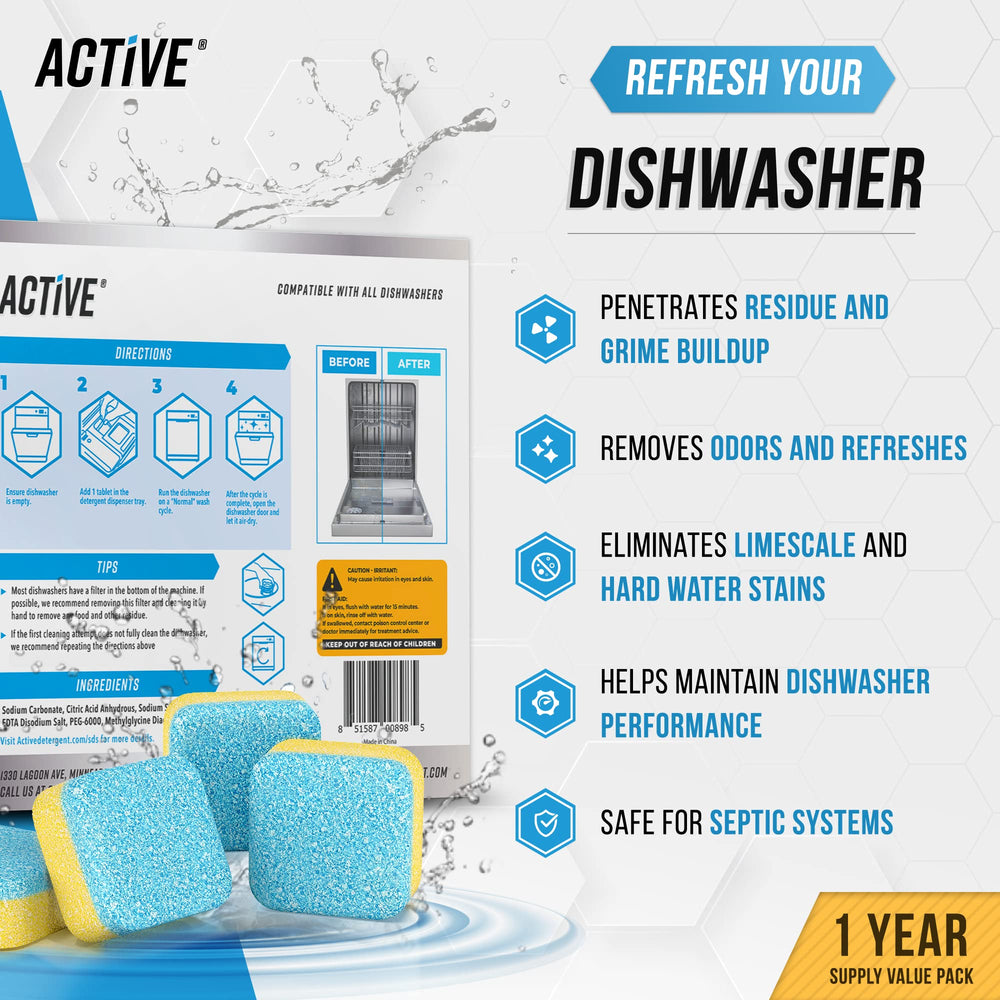 ACTIVE washing machine tablet detail highlighting descaling benefit