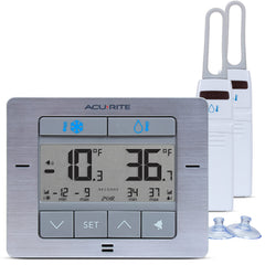 AcuRite display front view showing dual temperature readouts and alarm indicators for quick monitoring