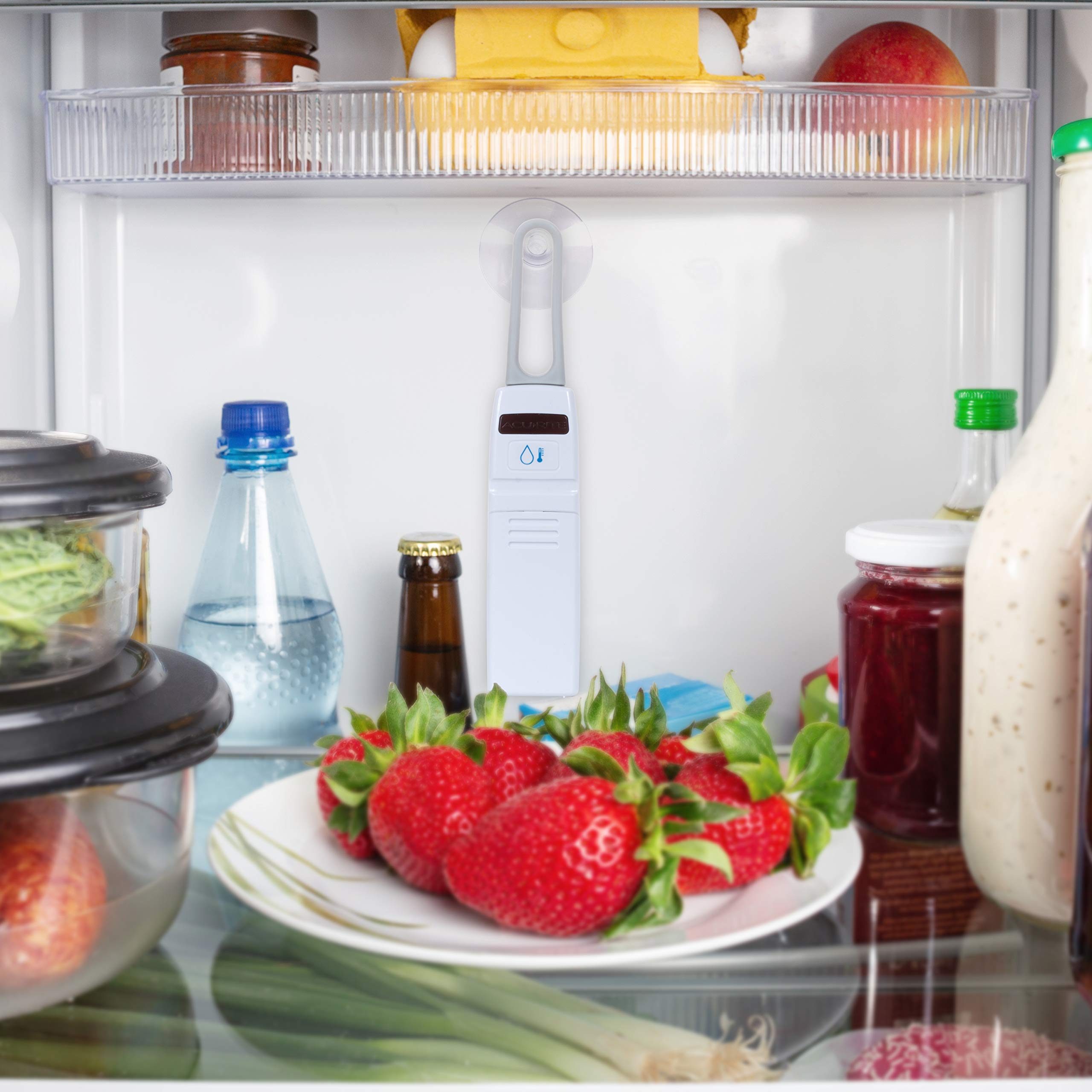AcuRite freezer sensor wrapped with silicone strap on wire shelf showing secure low-temperature monitoring