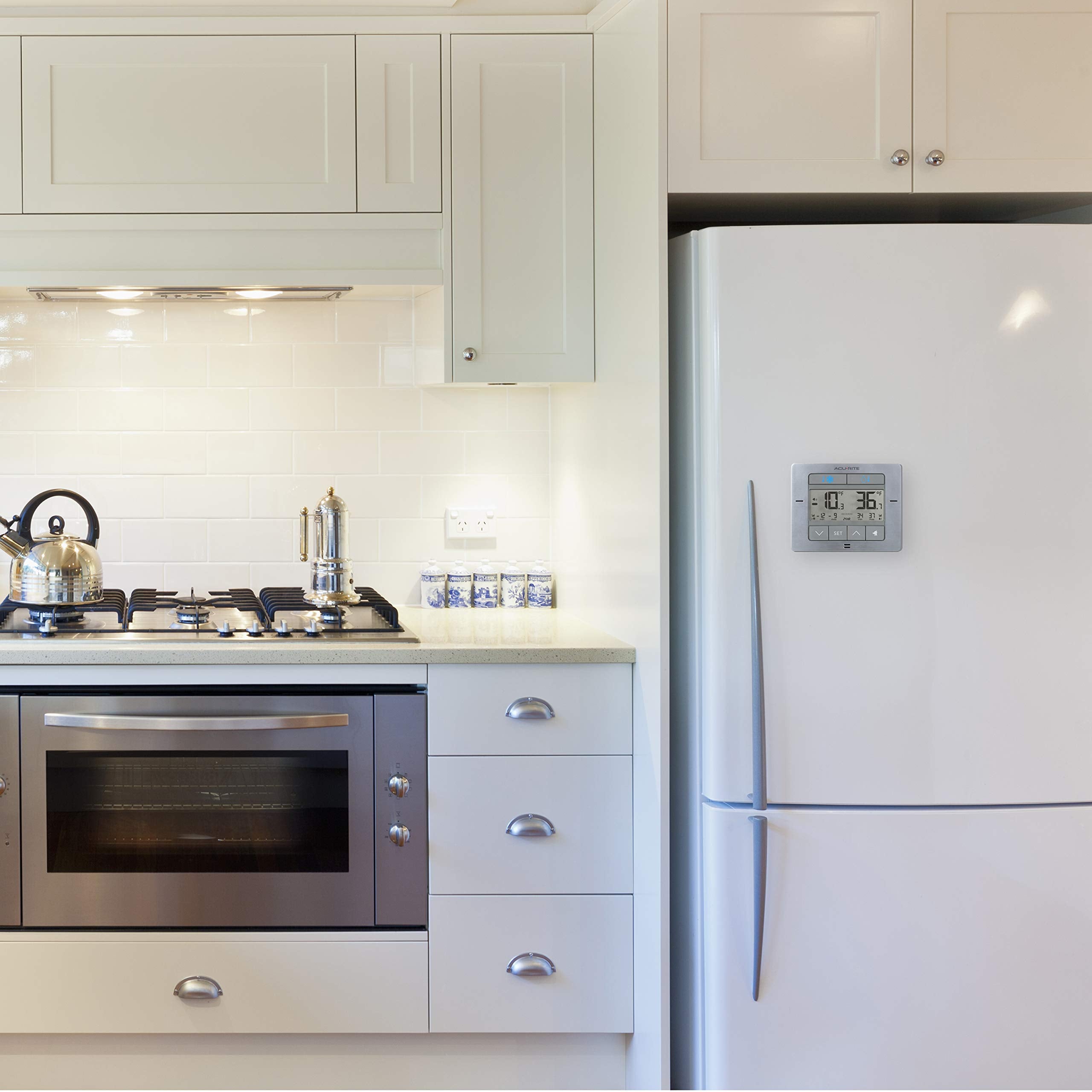 AcuRite refrigerator sensor attached to interior wall demonstrating stable fridge temperature tracking benefit