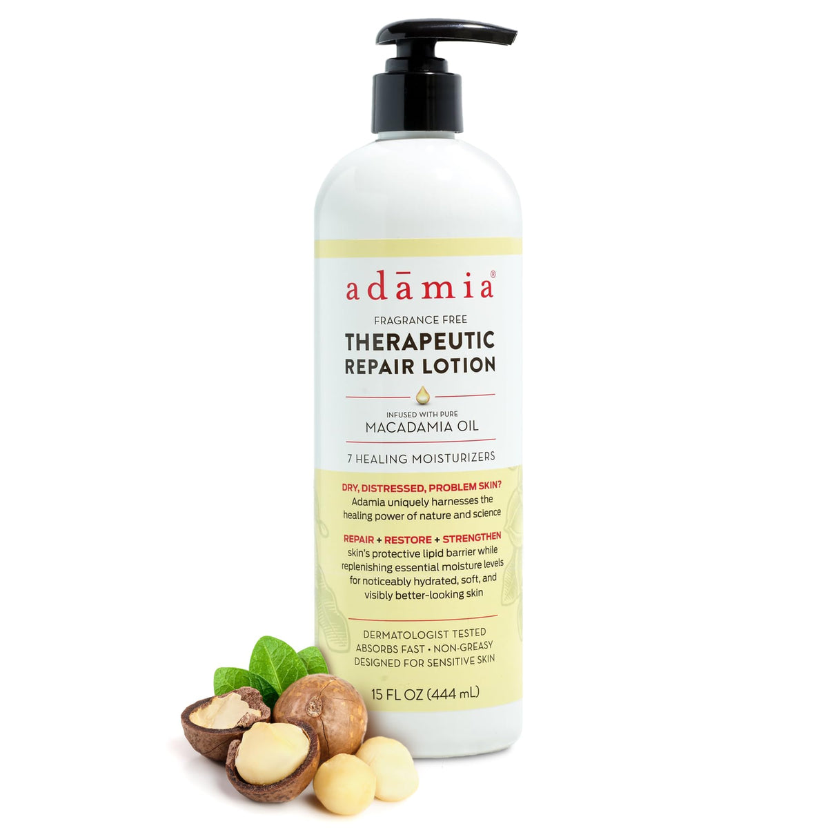 Adamia pump bottle front view showing packaging and hydration benefit