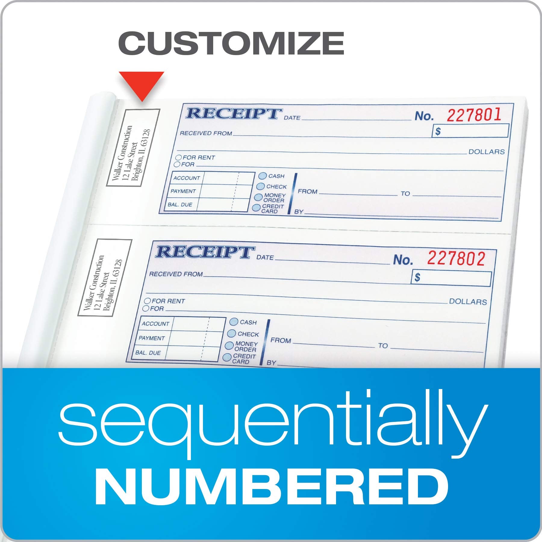 Adams detached receipt beside ruler demonstrating compact size and easy filing