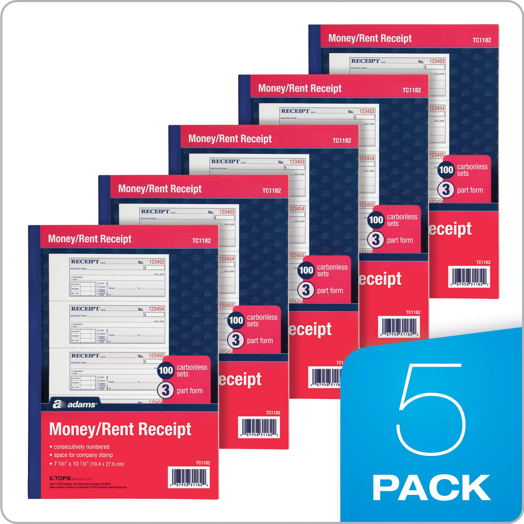 Adams five-pack of receipt books ready for stock, ensuring you won't run out