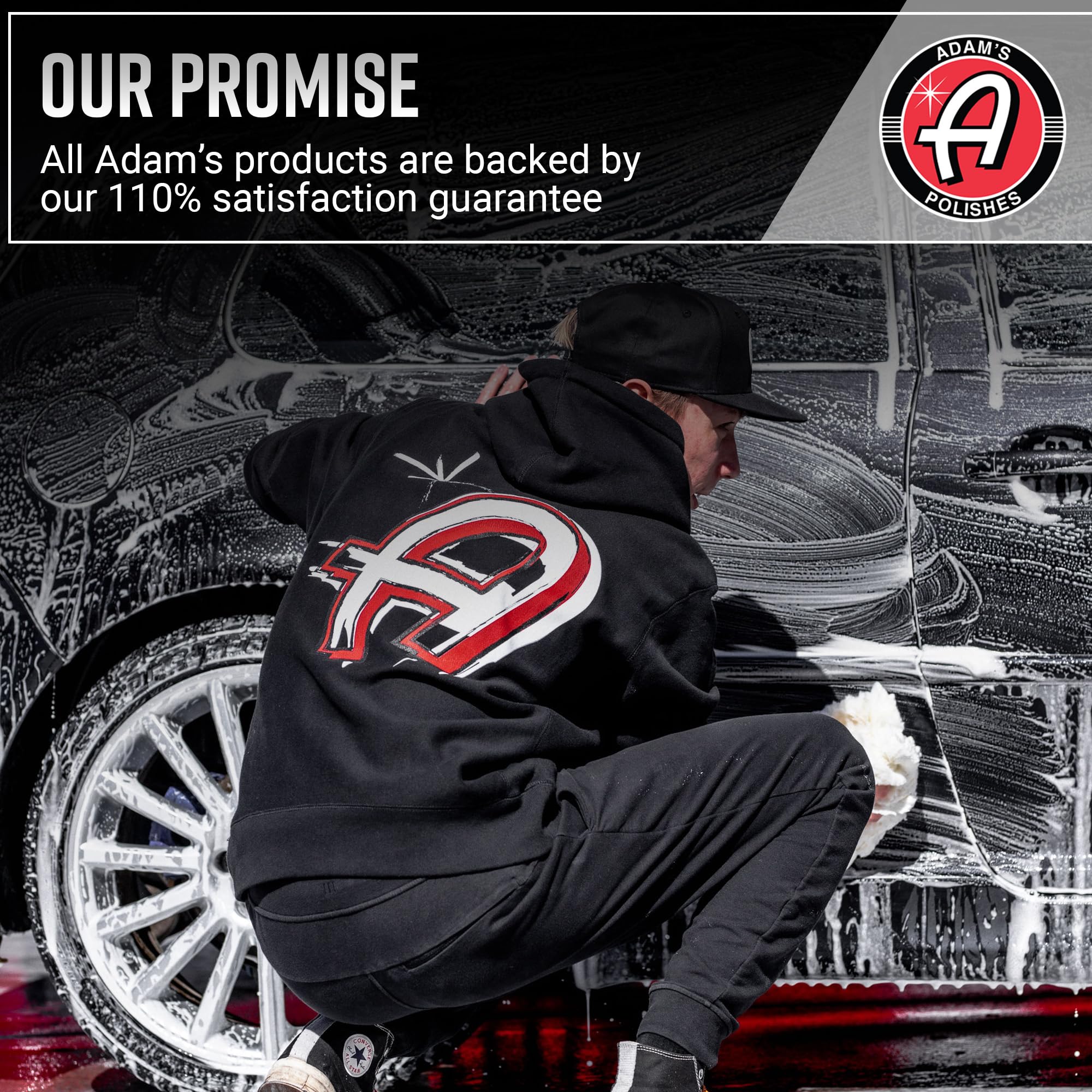 Adam's Polishes cleaning wheels and tires example showing multi-surface safety