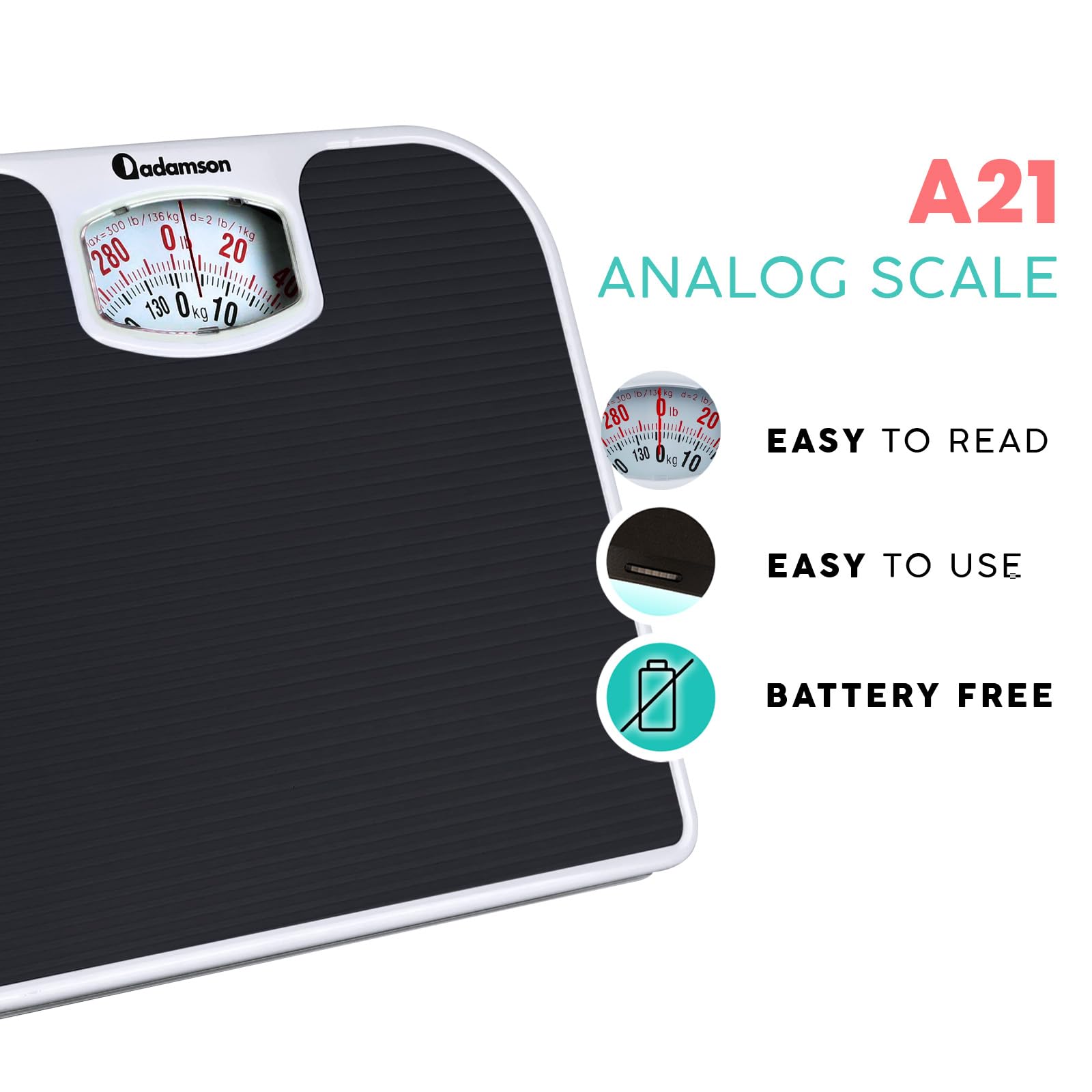 Adamson A21 dial close-up with large numbers for easy, quick weight checks