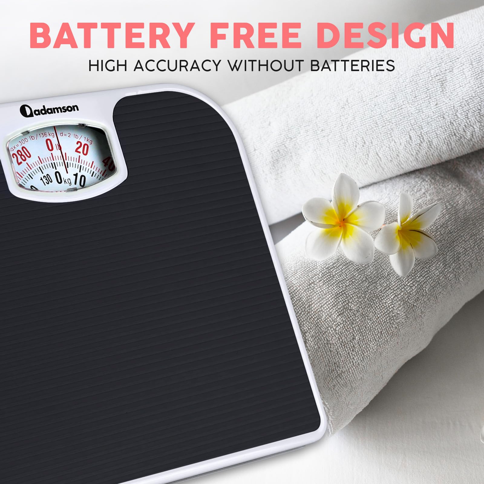 Adamson A21 in bathroom with person stepping on scale demonstrating stable use