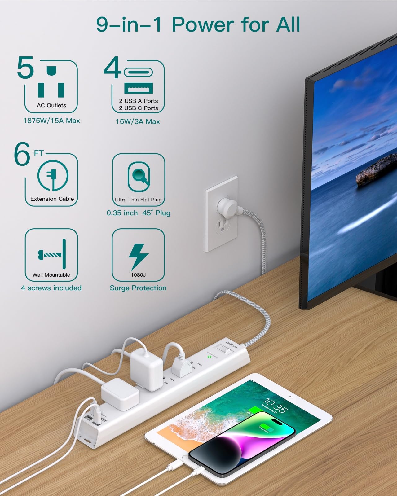 Addtam detail of 6ft braided cord and 45-degree flat plug for space-saving placement