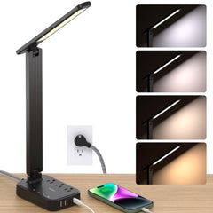 Addtam front view showing lamp with integrated outlets and tidy desk benefit
