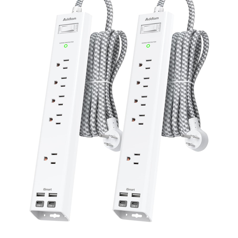 Addtam front view of both power strips showing all outlets and USB ports for flexible power