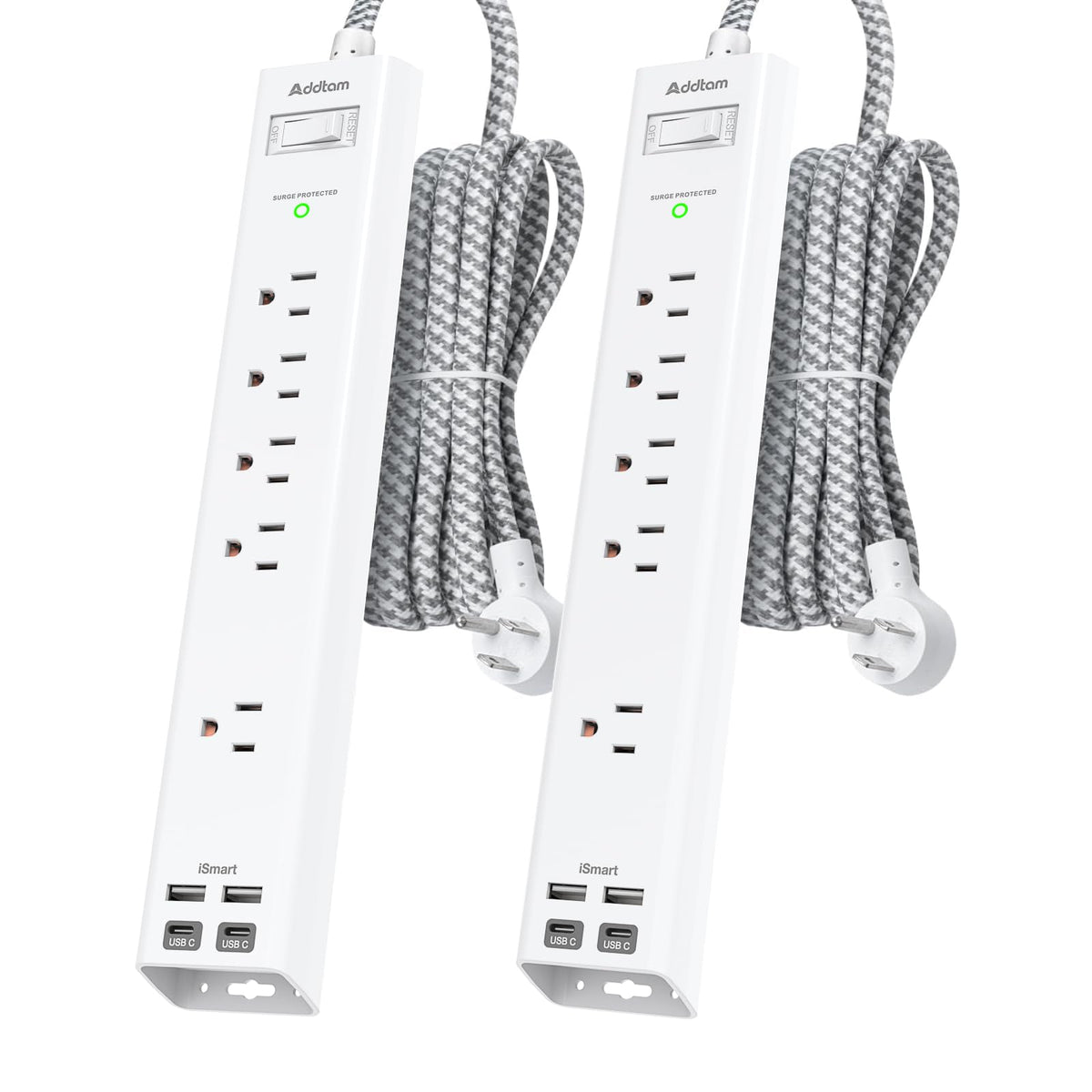 Addtam front view of both power strips showing all outlets and USB ports for flexible power