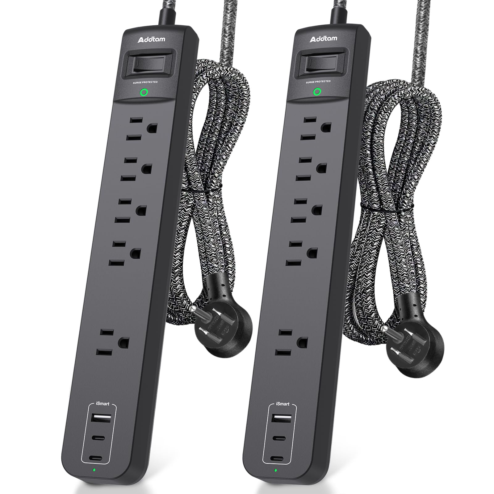 Addtam front view showing five widely spaced outlets for easy device access