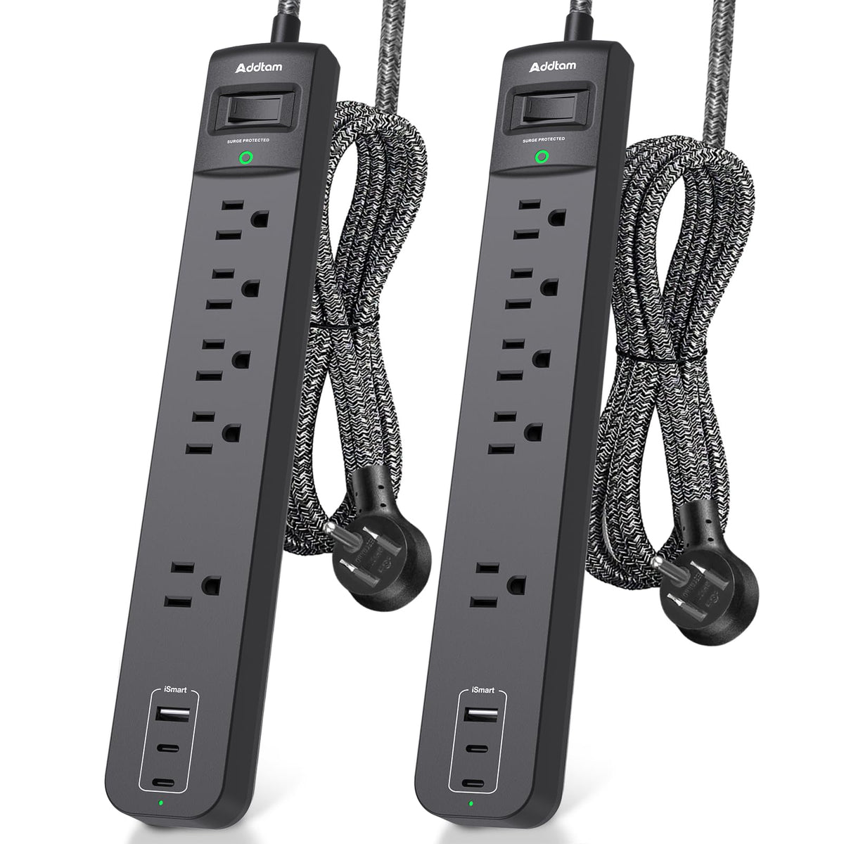 Addtam front view showing five widely spaced outlets for easy device access