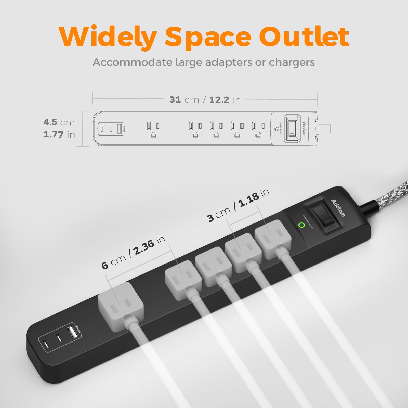 Addtam in use with laptop and accessories demonstrating organized power