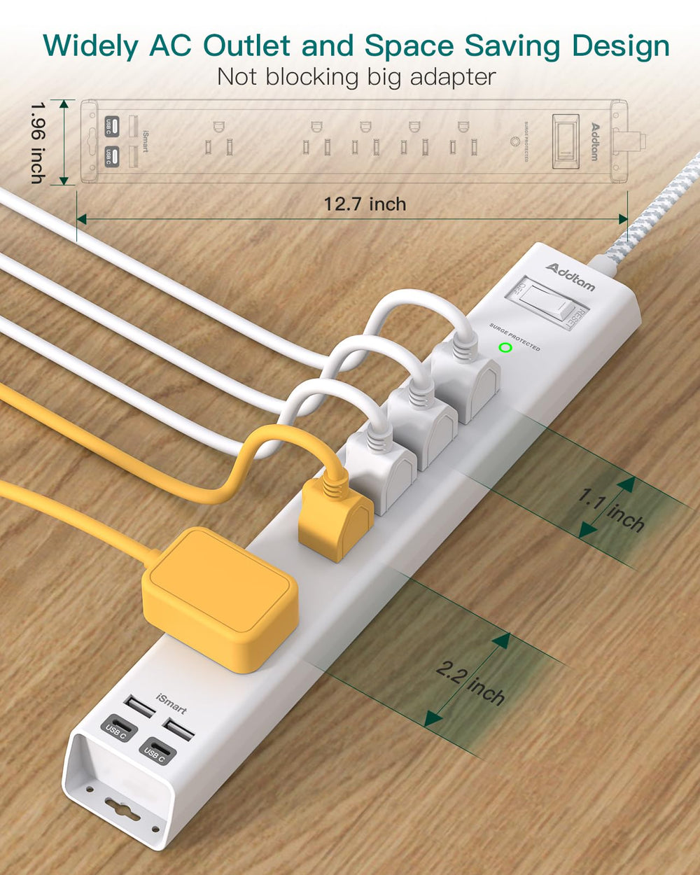 Addtam close-up of widely spaced outlets and four USB ports enabling large adapter use