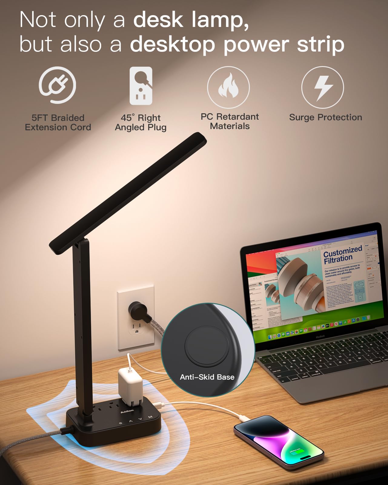 Addtam lamp on desk next to laptop showing compact footprint and workspace clearing