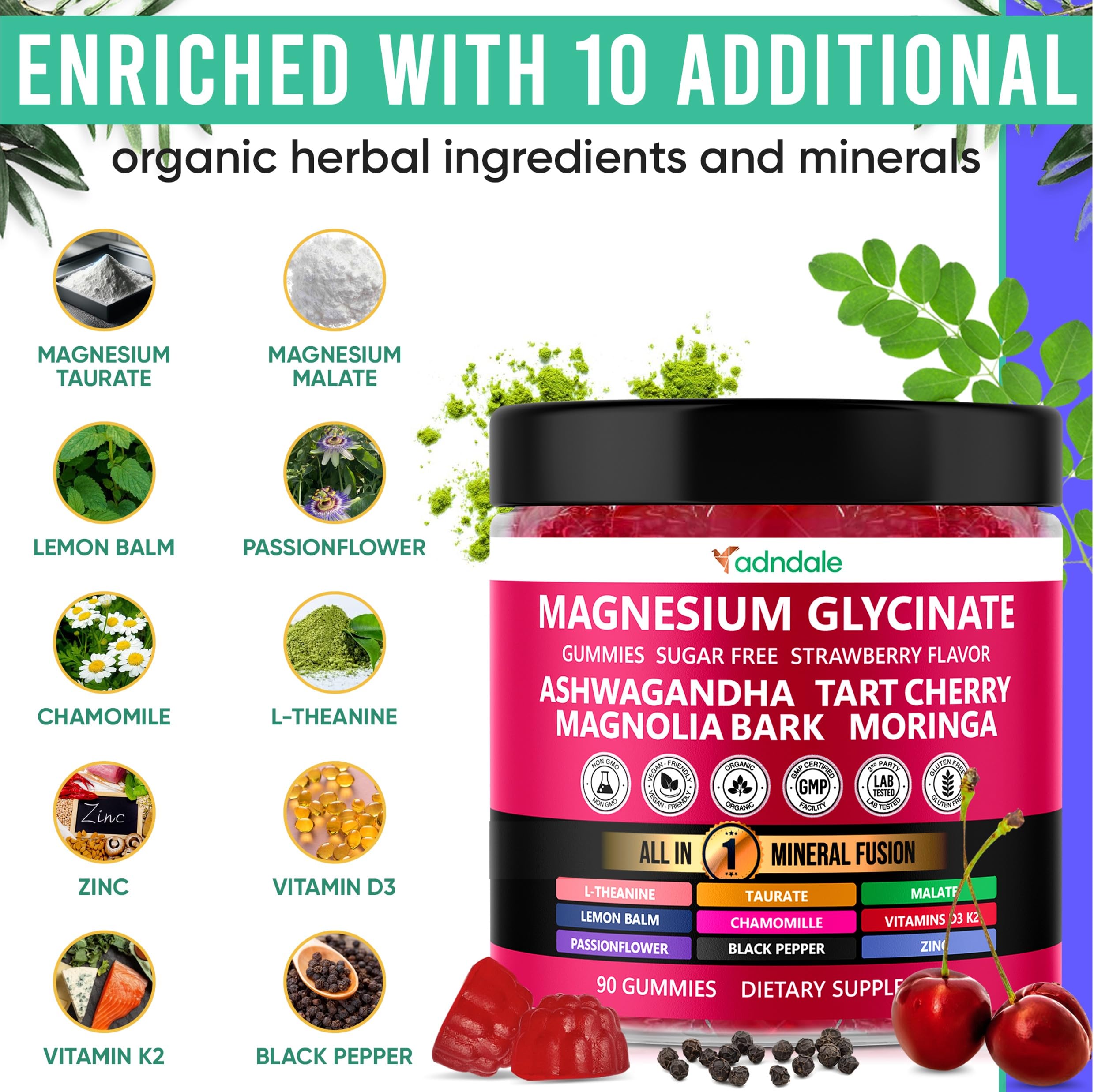 Adndale ingredient pile with botanicals showing broad blend benefits