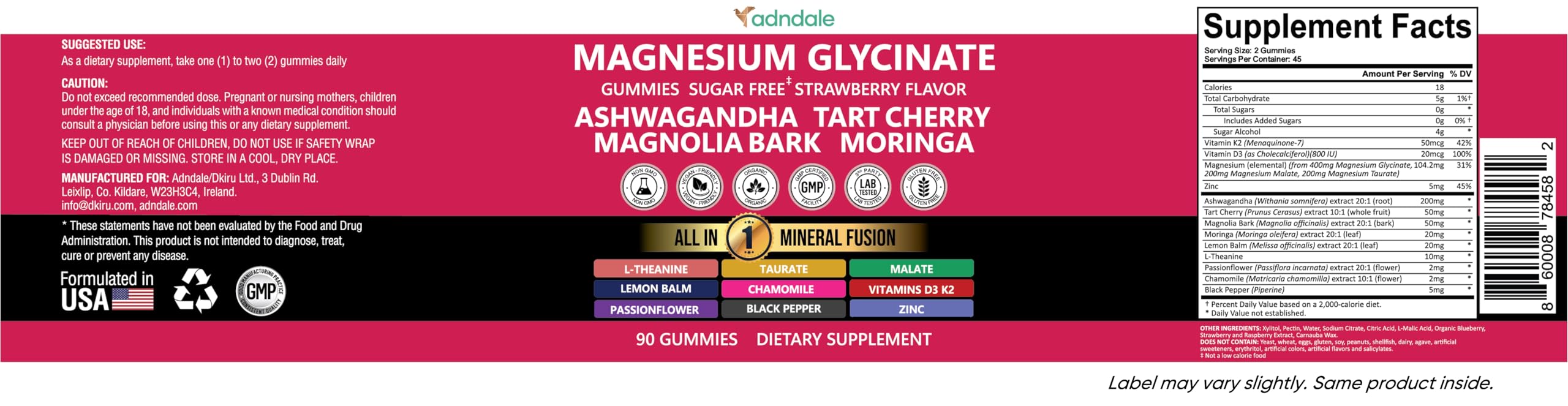 Adndale ingredients list flatlay showing vitamins, minerals, and herbs
