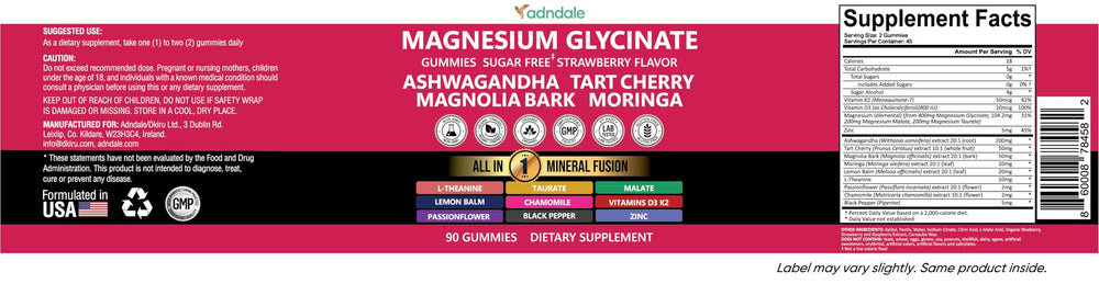 Adndale ingredients list flatlay showing vitamins, minerals, and herbs
