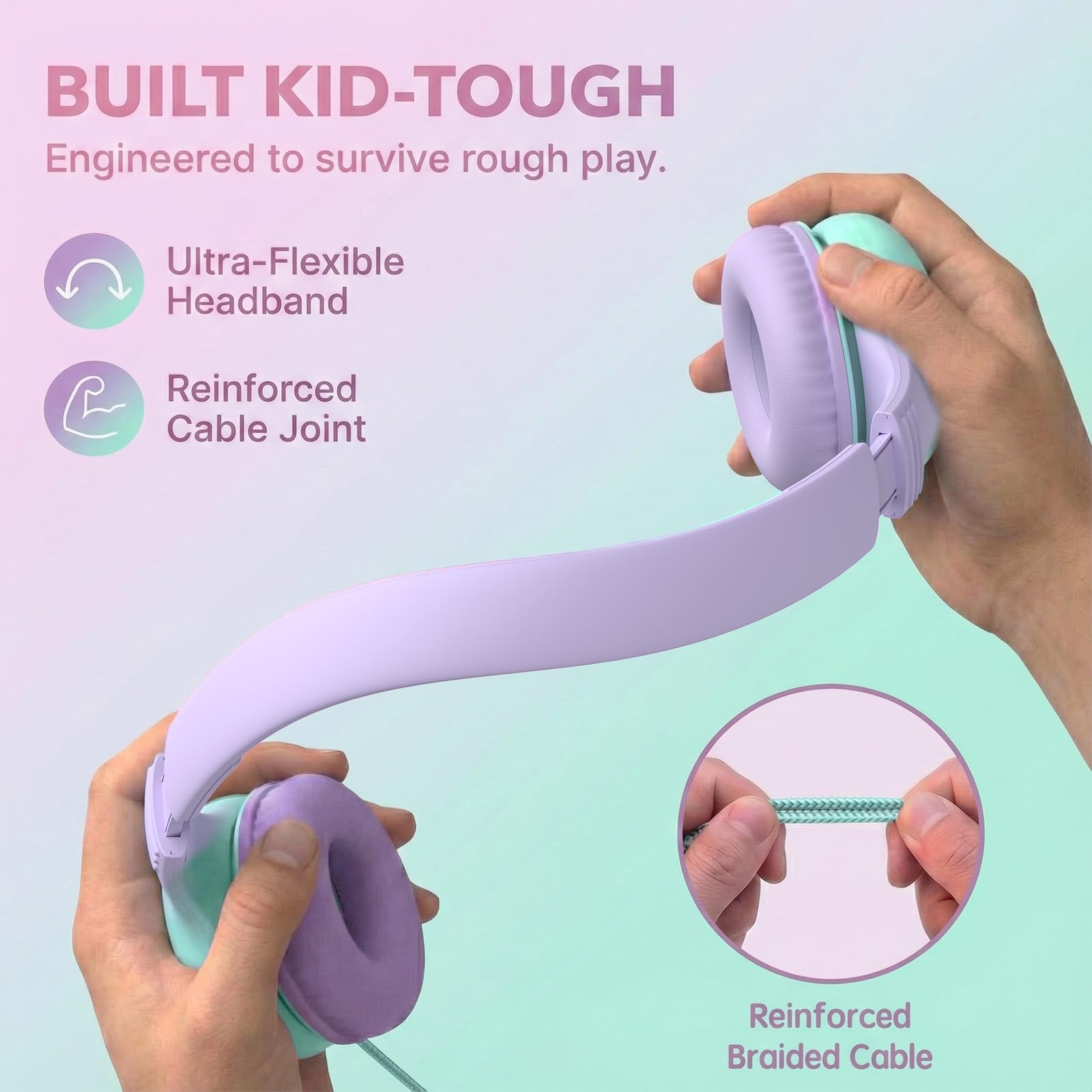 ADOOPE headphones beside a child’s hand showing compact size and portable convenience