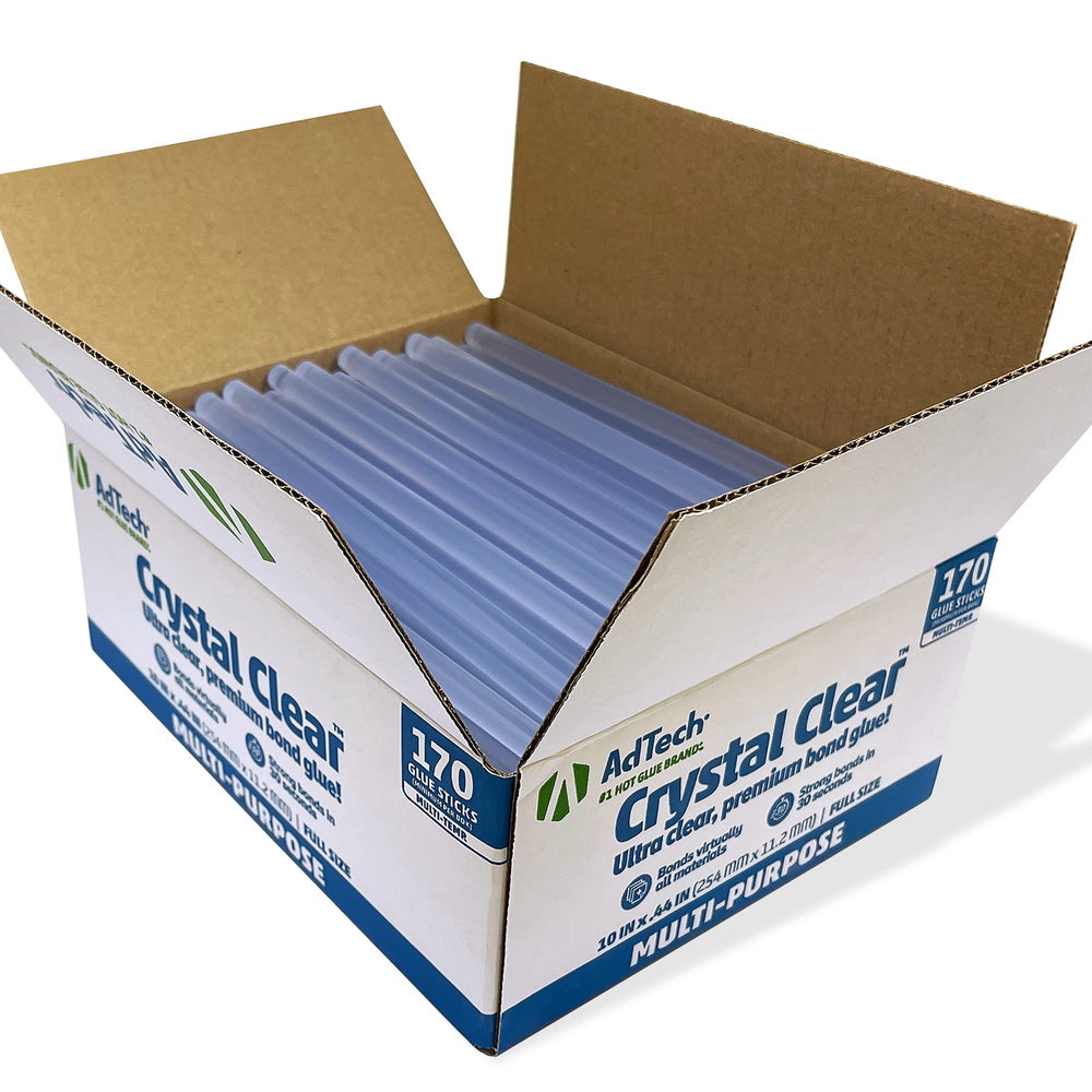 AdTech front packaging showing 10 inch clear glue sticks and benefits