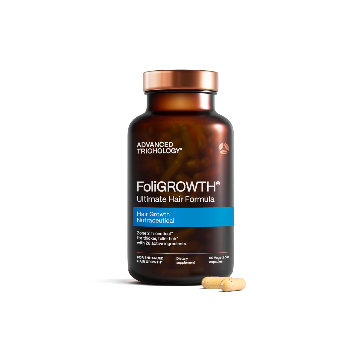 Advanced Trichology front packaging showing supplement benefits and branding