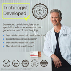 Advanced Trichology bottle label with ingredient list visible for transparency and trust
