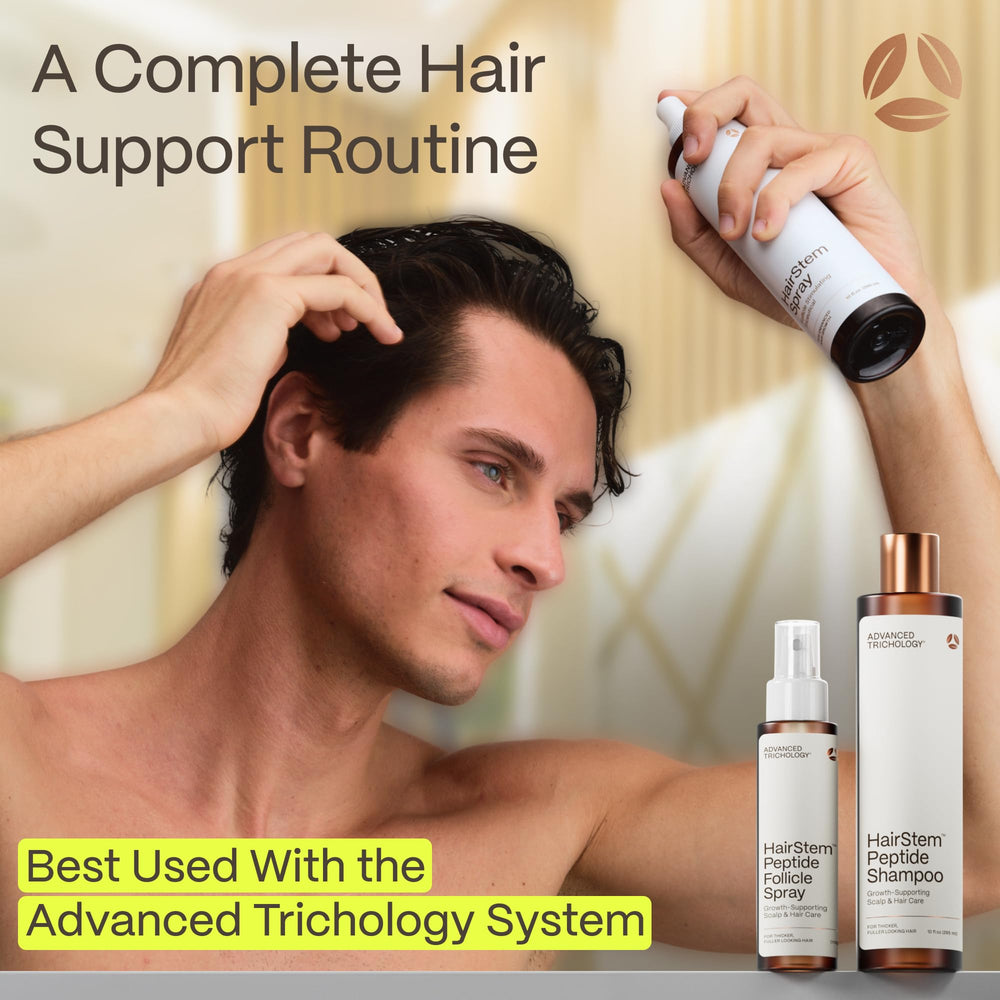 Advanced Trichology bottle staged on bathroom counter promoting routine use