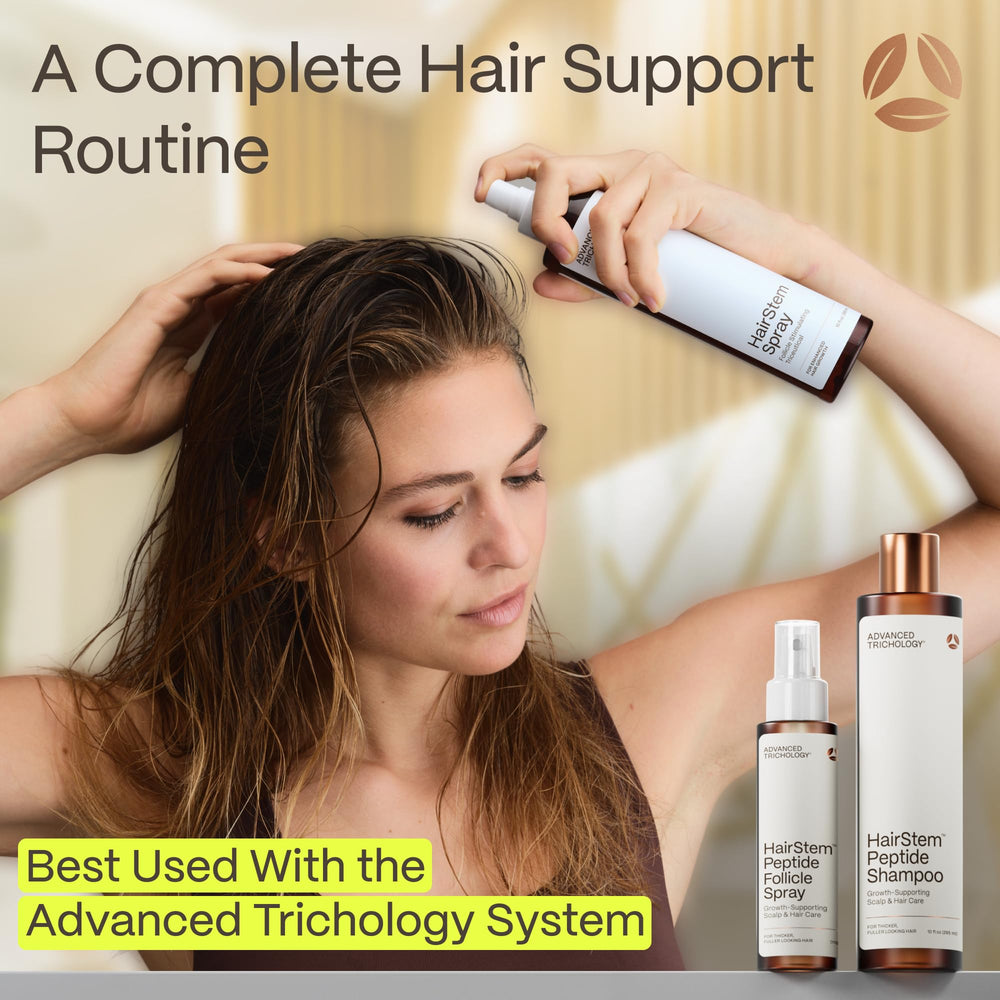 Advanced Trichology bottle styled on bathroom shelf suggesting lifestyle integration