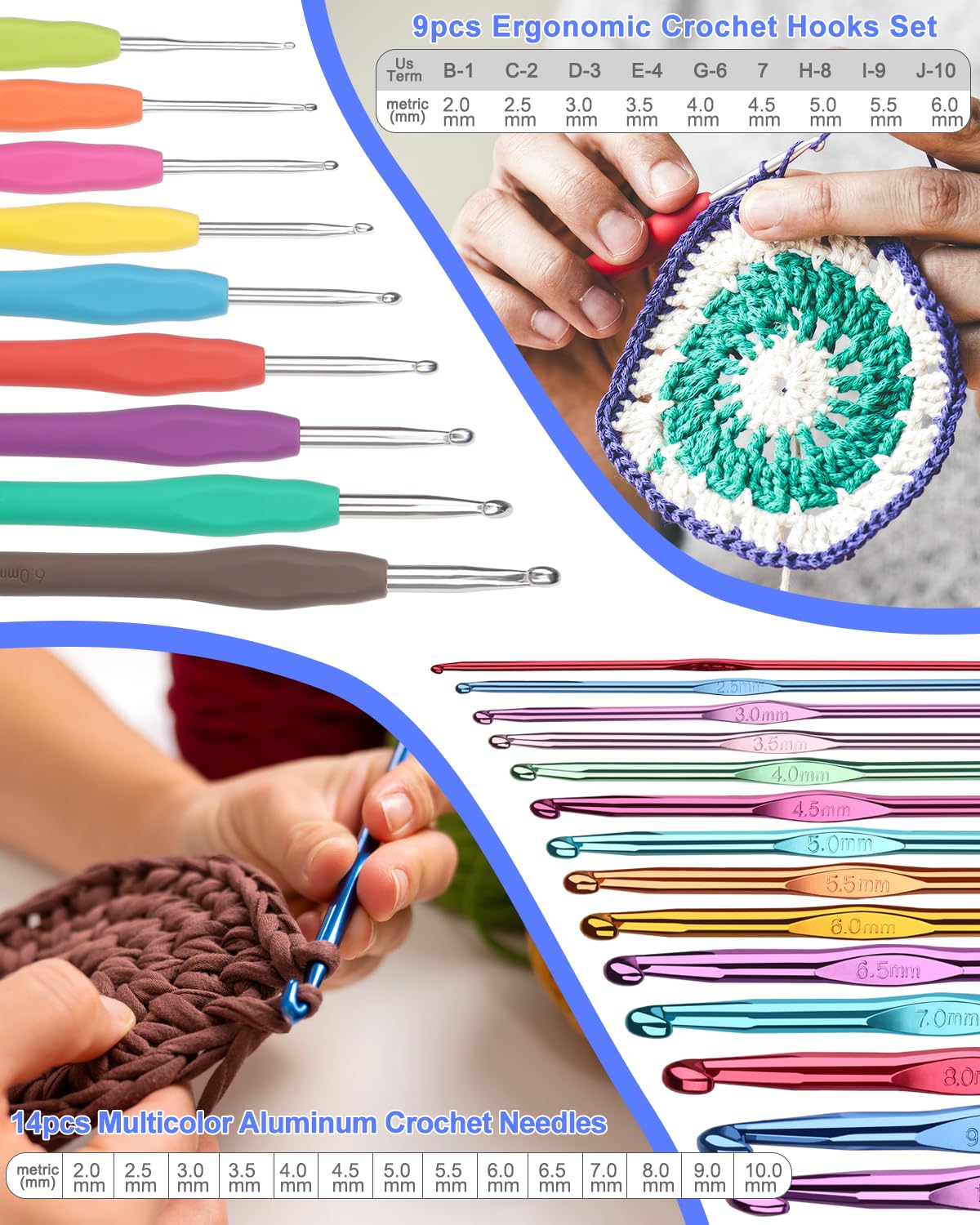 Aeelike ergonomic crochet hooks close-up for comfortable, longer crocheting