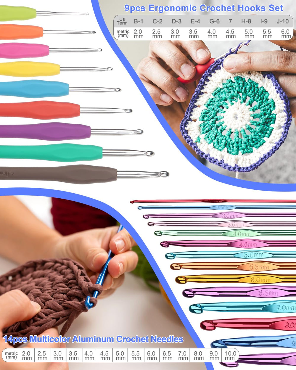Aeelike ergonomic crochet hooks close-up for comfortable, longer crocheting