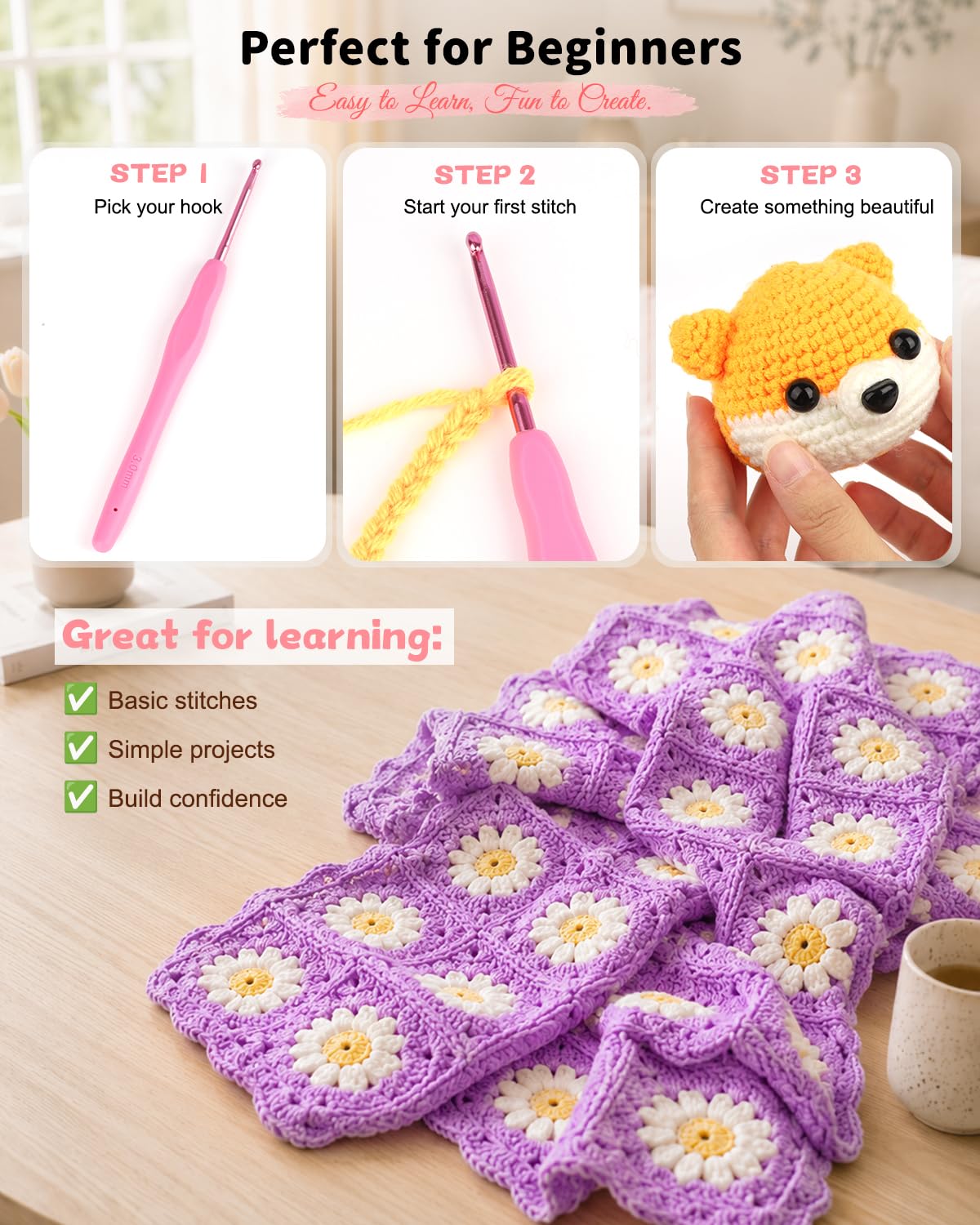 Aeelike ergonomic hooks and lace steel hooks display for comfortable extended crafting