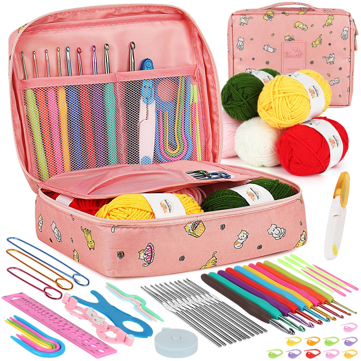 Aeelike kit front view in pink showing compact zip pouch and contents for tidy storage